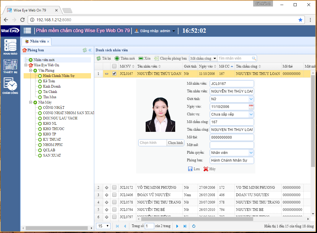 Quản lý dữ liệu chấm công Wise Eye Web On 79 Bảng dữ liệu chấm công trong phần mềm Wise Eye Web On 79