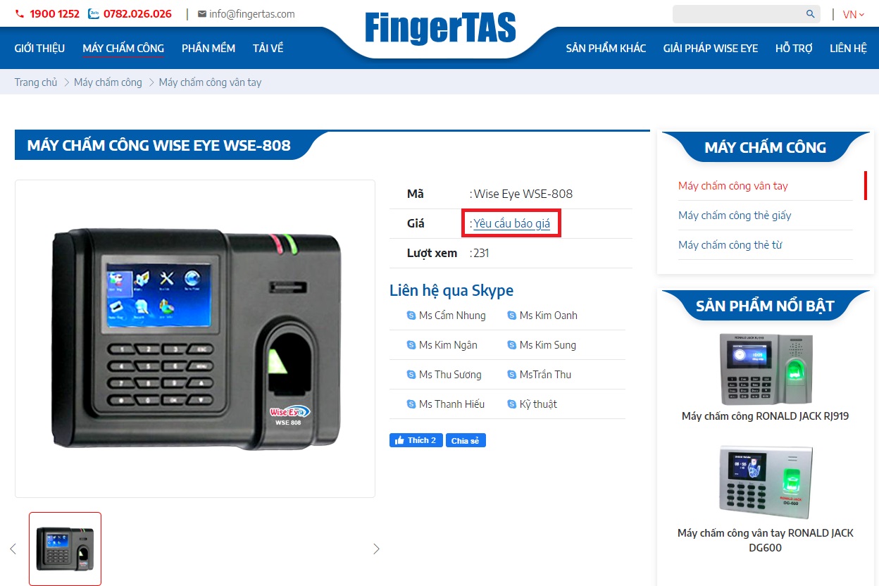 Trang chi tiết sản phẩm máy chấm công Trang chi tiết sản phẩm trên website Fingertas