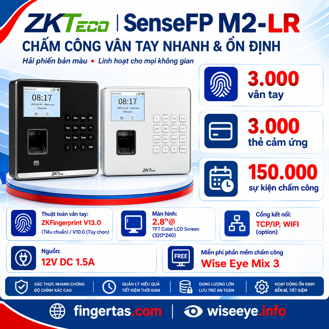 Máy chấm công bằng dấu vân tay ZKTeco SenseFP M2-LR Máy chấm công bằng dấu vân tay ZKTeco SenseFP M2-LR