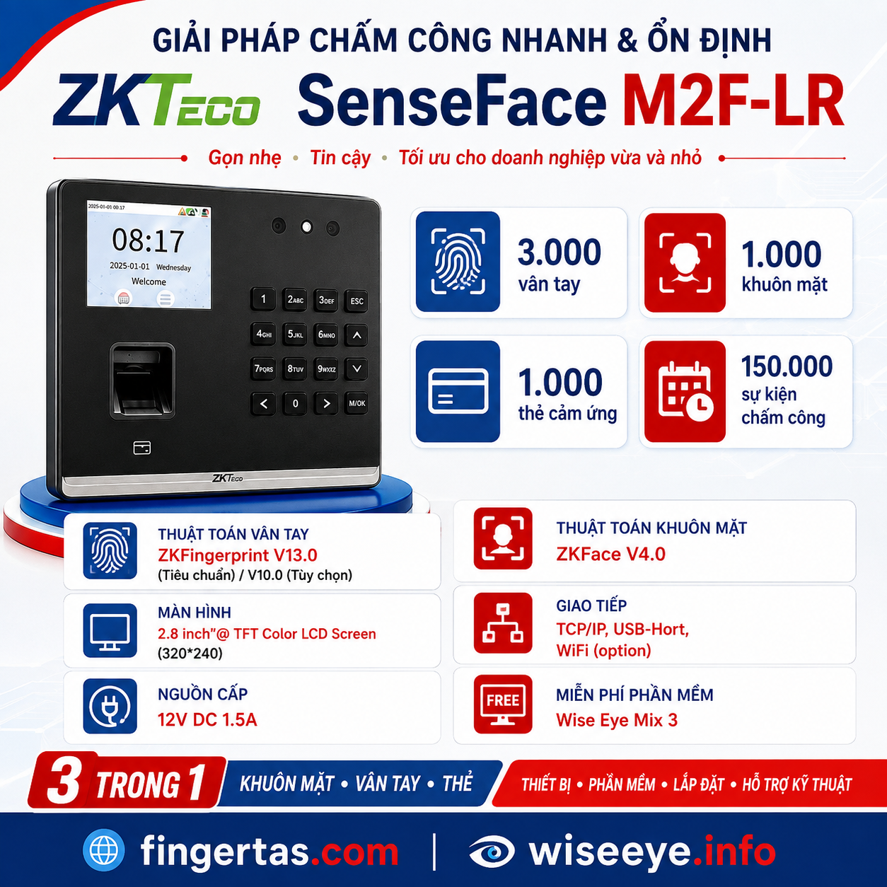 Máy chấm công bằng dấu vân tay ZKTeco SenseFace M2F-LR Máy chấm công bằng dấu vân tay ZKTeco SenseFace M2F-LR