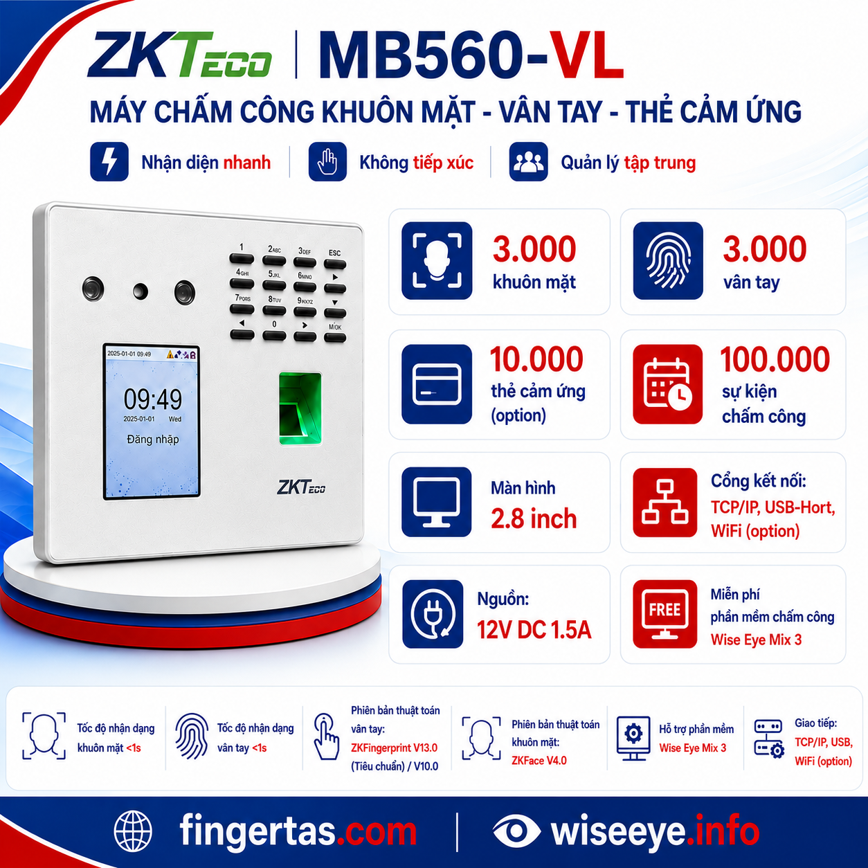 Máy chấm công khuôn mặt ZKTeco MB560-VL Máy chấm công khuôn mặt ZKTeco MB560-VL