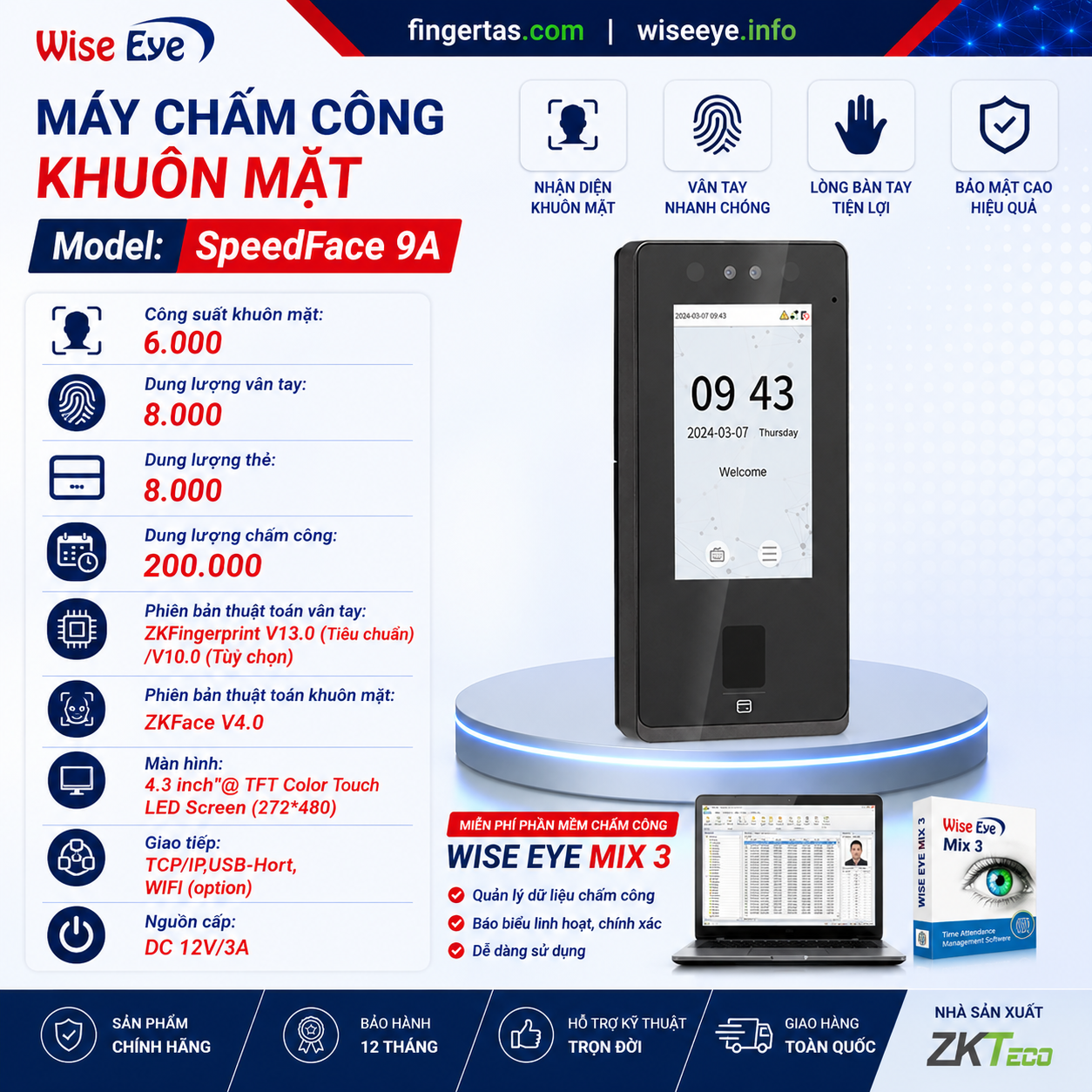 Máy chấm công bằng khuôn mặt SPEEDFACE 9A Máy chấm công bằng khuôn mặt SPEEDFACE 9A